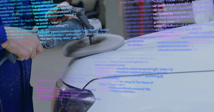 Polishing auto detailer buffing car fender in workshop, with electric buffer and code overlay - Powered by Adobe