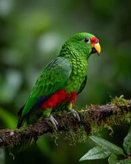 Obraz premium Colorful parrot with bright green feathers and red chest perched on a moss-covered branch in a lush jungle. Wildlife, tropical bird, nature, exotic animal.