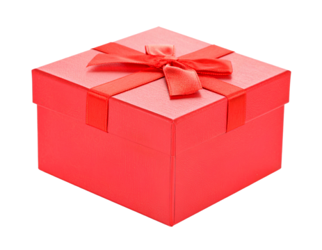 Red square gift box with a ribbon bow on top isolated on a transparent background.