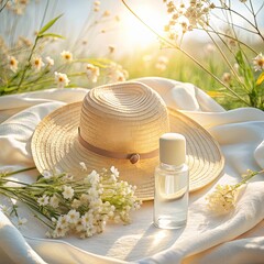 Beachside Sunscreen Spray with Straw Hat and Natural Decor