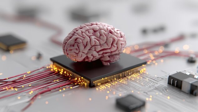 A 3D model of a human brain atop a computer chip