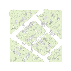 Isometric illustration of a city park with people relaxing walking and cycling