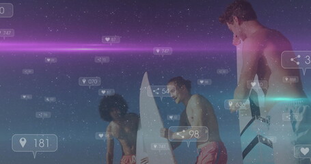 Standing three surfers in board shorts holding surfboards on beach at dusk, with social media icons