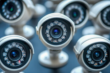 Obraz premium Several modern security cameras positioned closely together, highlighting their design and advanced features at a technology expo