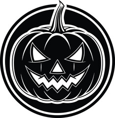 Halloween pumpkin logo design, spooky jack o lantern face illustration, scary horror pumpkin icon, creepy Halloween symbol for party, decoration, branding, stickers, invitations and holiday design