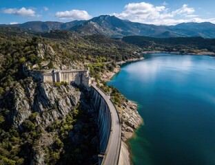 Scenic aerial view of a dam, lake, and mountains, captured in daylight