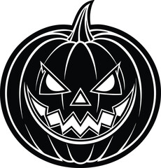Halloween pumpkin logo design, spooky jack o lantern face illustration, scary horror pumpkin icon, creepy Halloween symbol for party, decoration, branding, stickers, invitations and holiday design