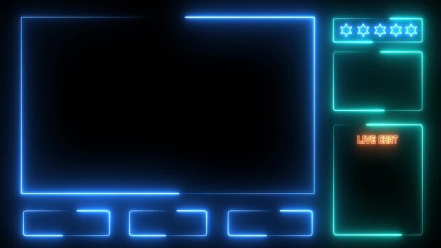Neon animated intermission stream overlay with hud facecam border, chat frame design for live broadcast visuals