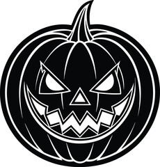 Halloween pumpkin logo design, spooky jack o lantern face illustration, scary horror pumpkin icon, creepy Halloween symbol for party, decoration, branding, stickers, invitations and holiday design