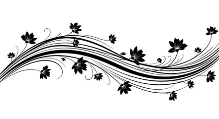 Decorative black floral swirl with small flowers and winding lines, isolated white background.