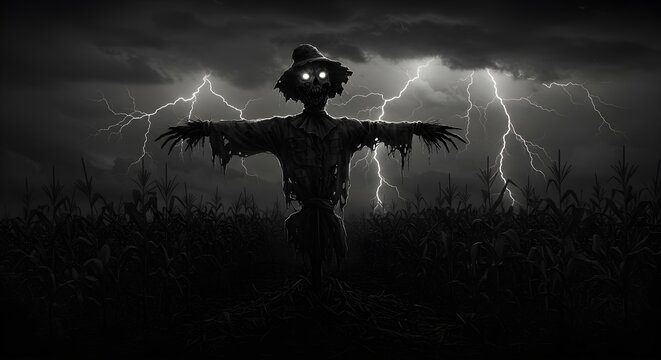 Scary Scarecrow in Cornfield at Night with Lightning Storm, Halloween Concept - Powered by Adobe