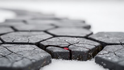 Close-up of textured paving stones covered in snow