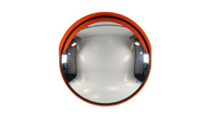 Convex security mirror with orange frame, providing a wide-angle view.