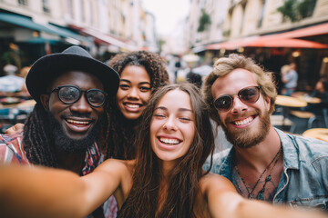 Group of four young adults smiling and taking a selfie together outdoors