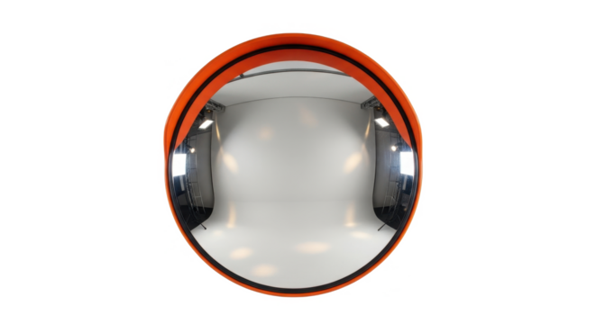 Convex security mirror with orange frame, providing a wide-angle view.