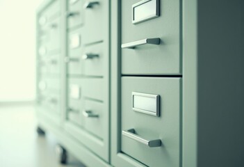 Closed file cabinet drawers with blank tabs, ideal for office organization