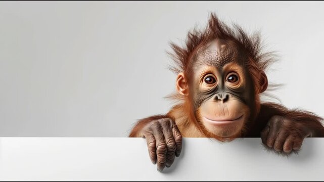 Adorable orangutan cub rises from behind a blank sign, blinking, smiling and moving with whimsy in a cinematic animated short.