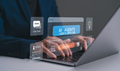 A person operates a laptop displaying interactive AI tools and chat interfaces, highlighting modern technology in communication and automation.
