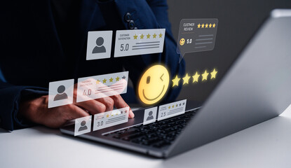 A person reviews customer feedback on a laptop, showcasing ratings and comments, highlighting the...