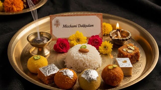 Samvatsari Jain Festival Thali with Sweets  Flowers  and Incense - Spiritual Celebration
