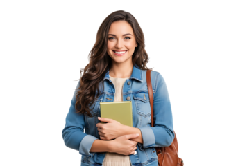 Happy young woman holding a book ready for school transparent background