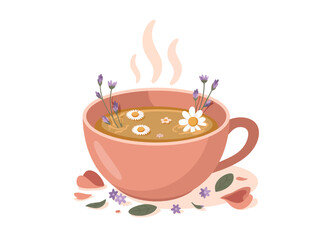 Herbal Tea Infusion in Pink Cup with Lavender and Chamomile Flowers for Relaxation and Wellness illustration