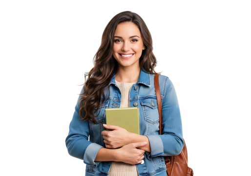 Happy young woman holding a book ready for school transparent background