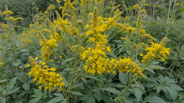 Flowering Canada goldenrod or Canadian goldenrod (Solidago Canadensis), family Asteraceae or Compositae. Dutch garden. September, Netherlands