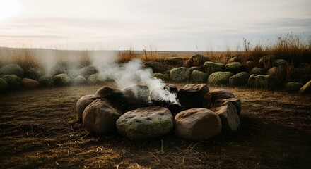 Campfire smoke rises from a stone ring in a serene, grassy field at sunset.