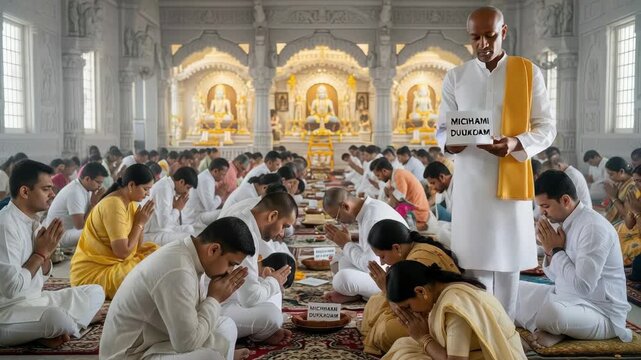 Samvatsari Pratikraman Jain Community Performing Collective Forgiveness Ritual in Temple