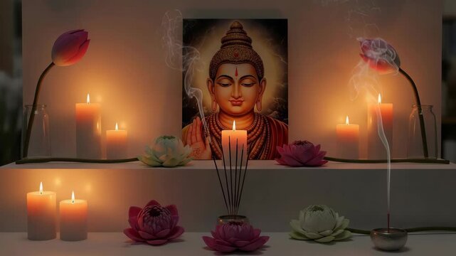 Serene Buddha Image with Candles and Lotuses Peaceful Meditation Scene for Varaha Jayanti  Hartalika Teej  Ganesh Chaturthi  Samvatsari  and Balarama Jayanti Celebrations