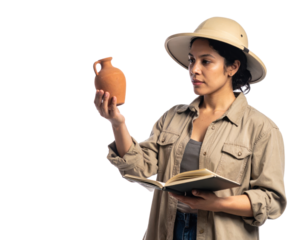 Female archaeologist holding and examining a clay pot while taking notes, symbolizing history, research, and cultural heritage.