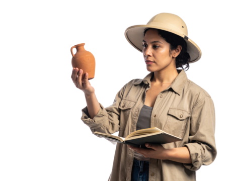 Female archaeologist holding and examining a clay pot while taking notes, symbolizing history, research, and cultural heritage.