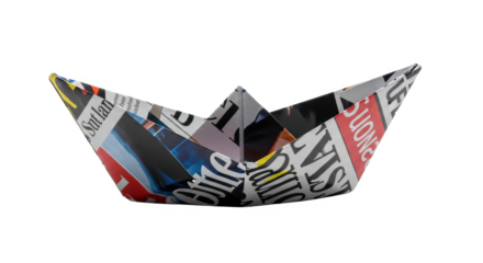 A meticulously folded paper boat crafted from newspaper print.