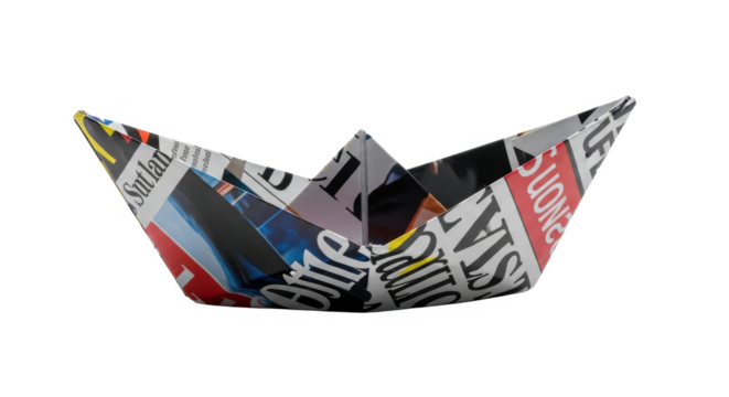 A meticulously folded paper boat crafted from newspaper print. - Powered by Adobe