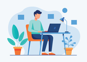 Man working on laptop at home office with plants and lamp illustration