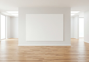 A large blank square canvas on a wall in a bright, modern art gallery with wooden floors. A perfect mockup for displaying artwork or photos.

