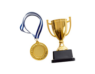 Golden trophy cup and medal with blue ribbon,representing achievement and victory