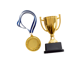 Golden trophy cup and medal with blue ribbon,representing achievement and victory