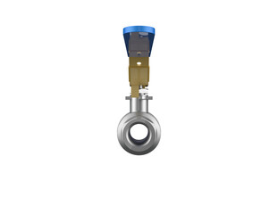 Modern chrome ball valve with a blue handle and golden stem, an essential plumbing and industrial component, presented on a PNG Transparent HD Background. High-res, isolated for design.