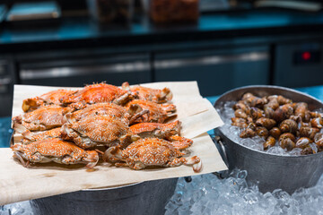 Frozen crab on ice display at buffet