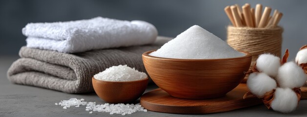 Relaxing spa setup with towels, sea salt, and cotton accents creating a soothing atmosphere for self-care and wellness