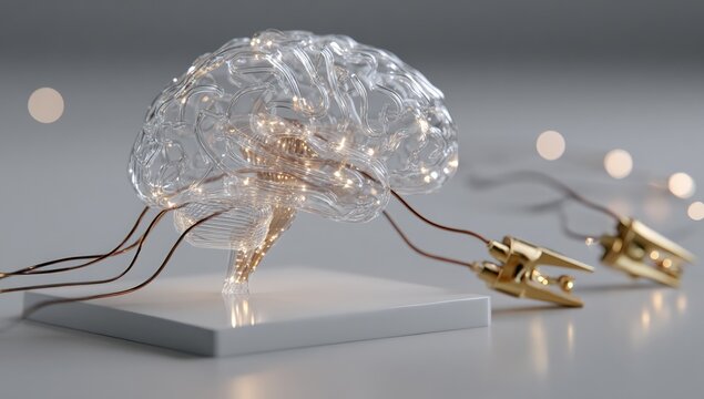Transparent brain model with glowing inner network, connected by metallic wires to golden electrodes on a white base