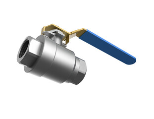 Precision Fluid Control: HD 3D Silver Ball Valve with Blue Handle and Gold Stem. Isolated Pipe Fitting on Transparent PNG. Ideal for Plumbing, HVAC, Water, Gas Supply, Industrial and Pipeline Use.