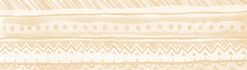 Ethnic abstract striped horizontal background. Beige raster watercolor ornate banner template.