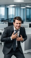 Fototapeta premium A distressed businessman clutches his chest in an office