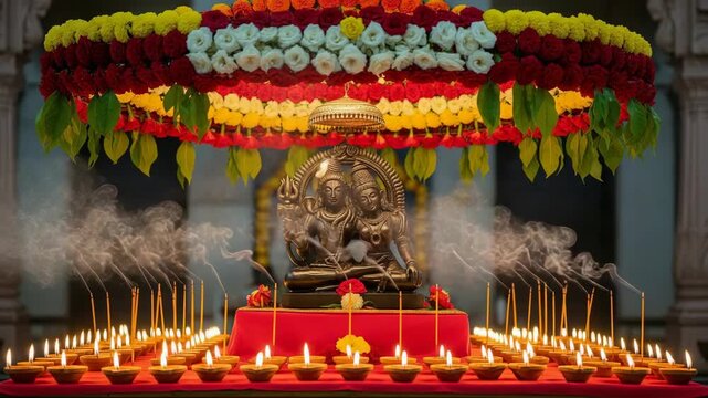 Spiritual Serenity Shiva-Parvati Murti Adorned with Flowers during Varaha Jayanti  Hartalika Teej  Ganesh Chaturthi  Samvatsari  and Balarama Jayanti Celebrations