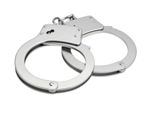 Metal police handcuffs with chain and lock mechanism isolated on transparent background