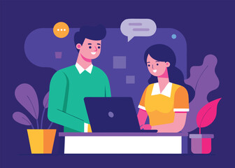 Two colleagues working together on a laptop in a  illustration modern office space