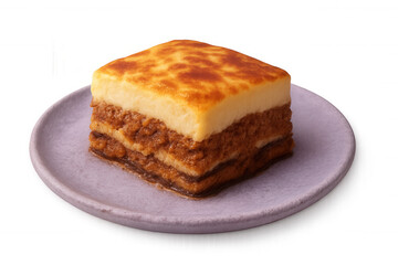 Tiramisu slice sitting on purple ceramic plate, transparent background, ideal for dessert design projects